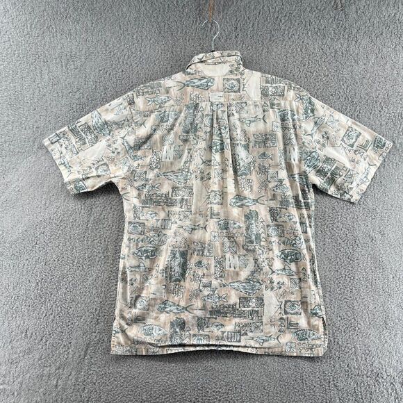 VTG Hook & Tackle Men's Medium Fish Pattern Button Camp Shirt Tan Green Fishing - Picture 8 of 13